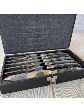 Laguiole Bee Steak Knife Set (6) Black Ivory Handle and Stainless In Case